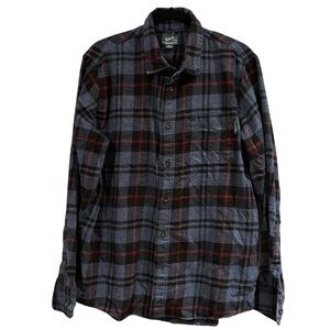 Woolrich Flannel Shirt Blue Plaid Outdoor Button Up Chest Pocket Logo